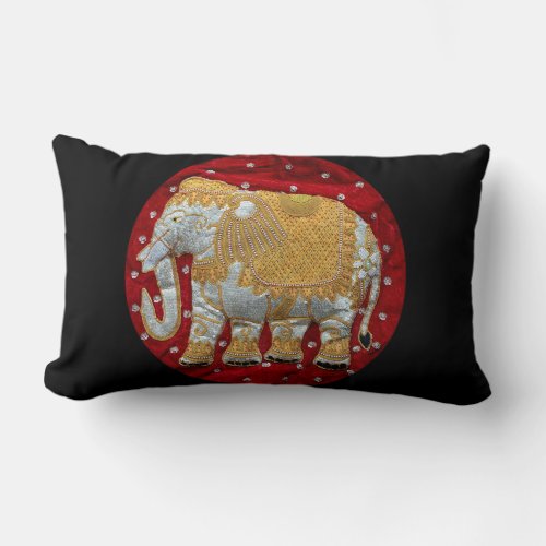 Embellished Indian Elephant Red and Gold Lumbar Pillow