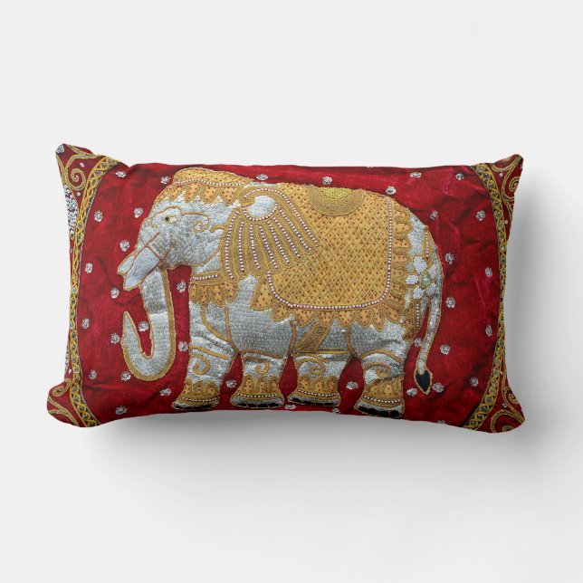 Embellished Indian Elephant Red and Gold Lumbar Pillow (Front)