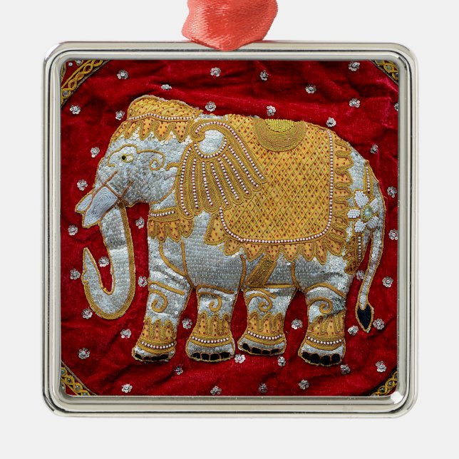 Embellished Indian Elephant Red and Gold Metal Ornament (Front)