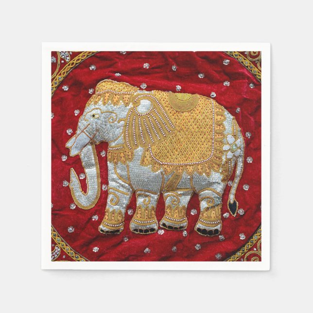 Embellished Indian Elephant Red and Gold Paper Napkins (Front)