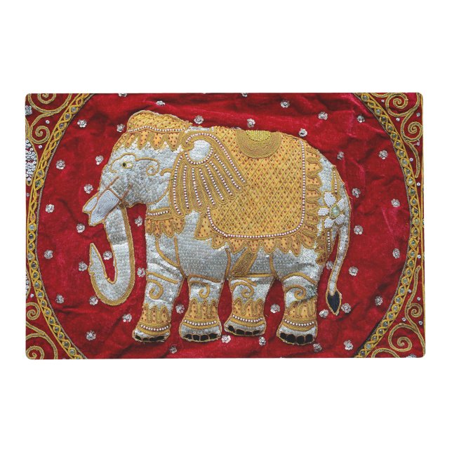 Embellished Indian Elephant Red and Gold Placemat (Front)