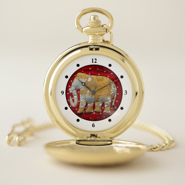 Embellished Indian Elephant Red and Gold Pocket Watch (Inside)