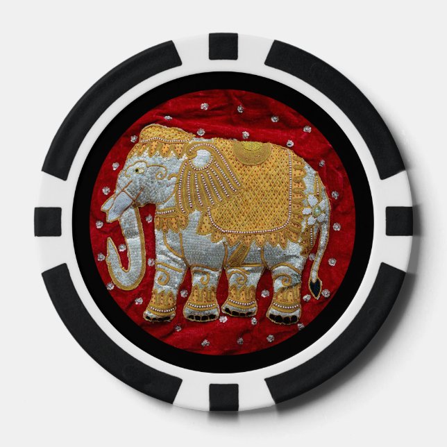 Embellished Indian Elephant Red and Gold Poker Chips (Front)