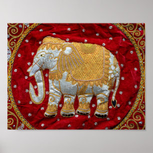 Embellished Indian Elephant Red and Gold Poster