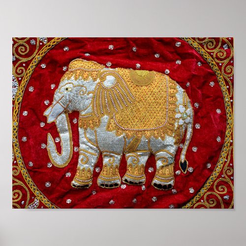 Embellished Indian Elephant Red and Gold Poster