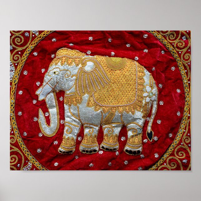 Embellished Indian Elephant Red and Gold Poster (Front)