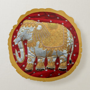 Embellished Indian Elephant Red and Gold Round Pillow