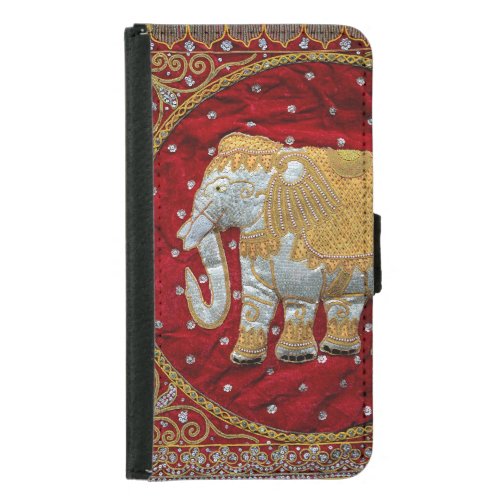 Embellished Indian Elephant Red and Gold Wallet Phone Case For Samsung Galaxy S5