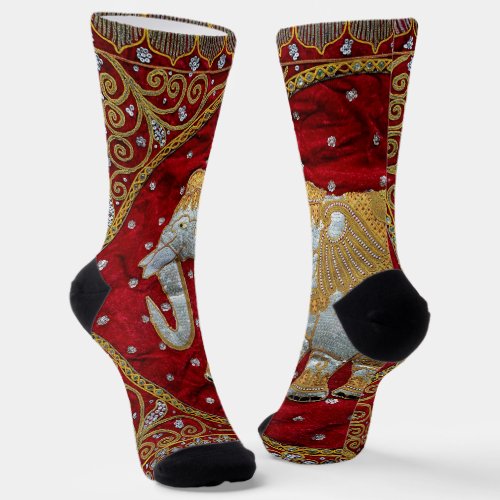 Embellished Indian Elephant Red and Gold Socks