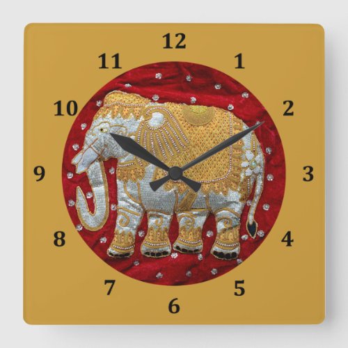 Embellished Indian Elephant Red and Gold Square Wall Clock