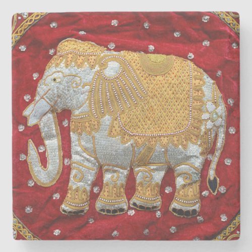 Embellished Indian Elephant Red and Gold Stone Coaster