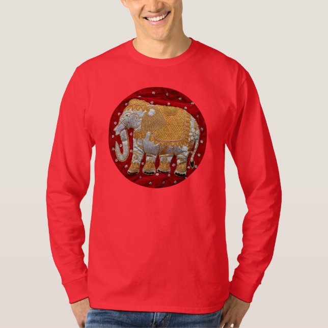 Embellished Indian Elephant Red and Gold T-Shirt (Front)