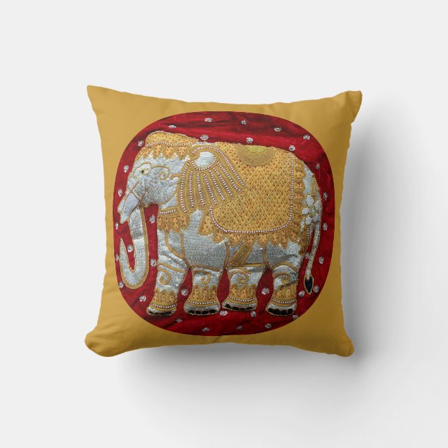 Embellished Indian Elephant Red and Gold Throw Pillow (Front)