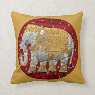 Embellished Indian Elephant Red and Gold Throw Pillow