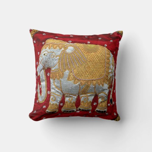 Embellished Indian Elephant Red and Gold Throw Pillow