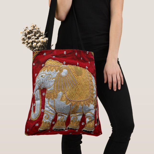 Embellished Indian Elephant Red and Gold Tote Bag (Close Up)