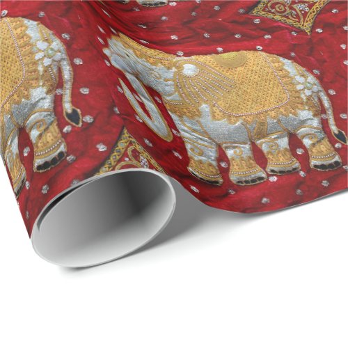 Embellished Indian Elephant Red and Gold Wrapping Paper