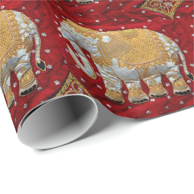 Embellished Indian Elephant Red and Gold Wrapping Paper (Roll Corner)
