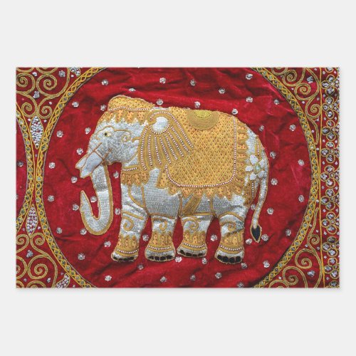 Embellished Indian Elephant Red and Gold Wrapping Paper Sheets