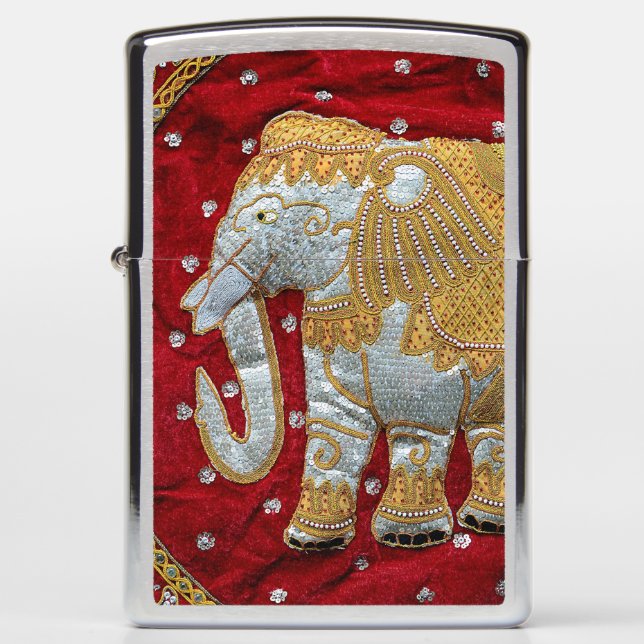Embellished Indian Elephant Red and Gold Zippo Lighter (Front)