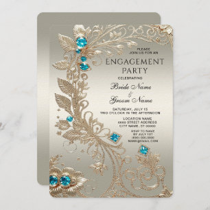 Embellishing Gold Blue Stone Engagement Invitation