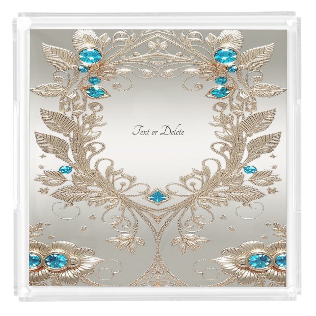 Embellishing Gold Blue Stones Acrylic Vanity Tray (Front)