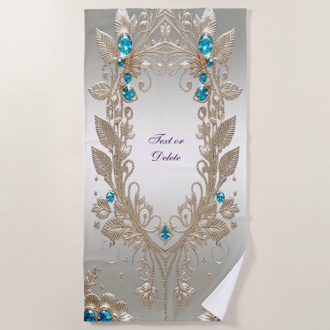 Embellishing Gold Blue Stones Beach Towel (Front)