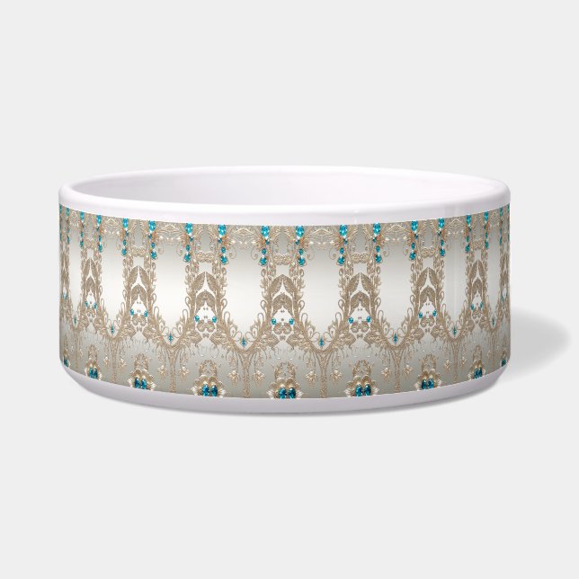Embellishing Gold Blue Stones Ceramic Pet Bowl (Front)