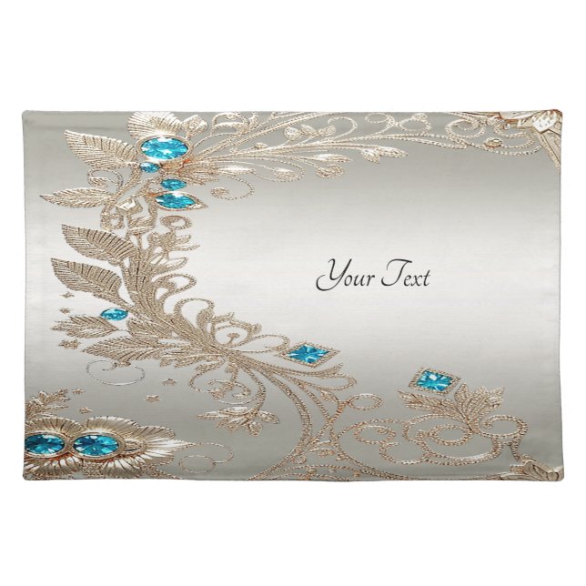 Embellishing Gold Blue Stones Cloth Placemat (Front)
