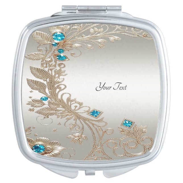Embellishing Gold Blue Stones Compact Mirror (Front)