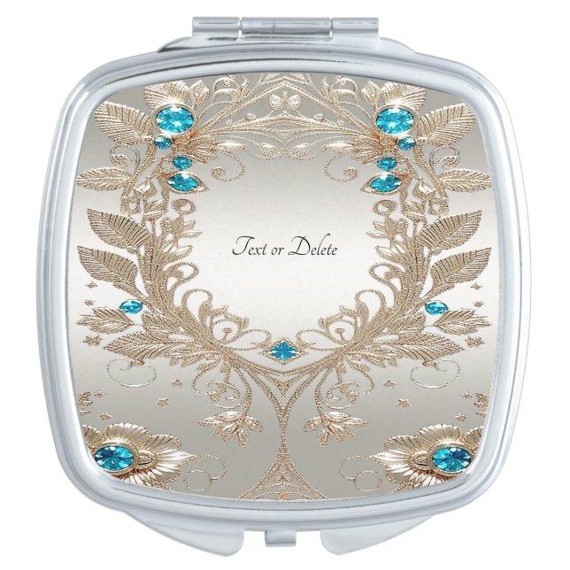 Embellishing Gold Blue Stones Compact Mirror (Front)