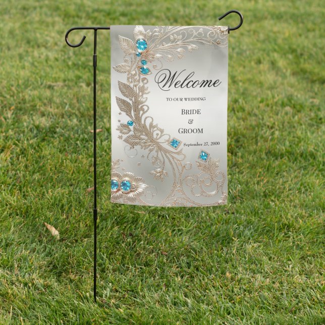 Embellishing Gold Blue Stones Garden Flag (In SItu)