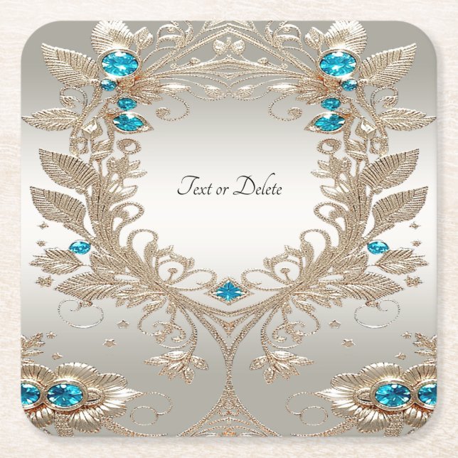 Embellishing Gold Blue Stones Paper Coaster (Front)