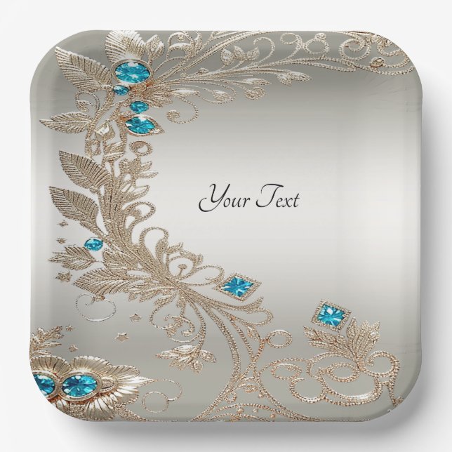 Embellishing Gold Blue Stones Paper Plate (Front)