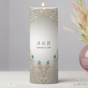 Embellishing Gold Blue Stones Pillar Candle