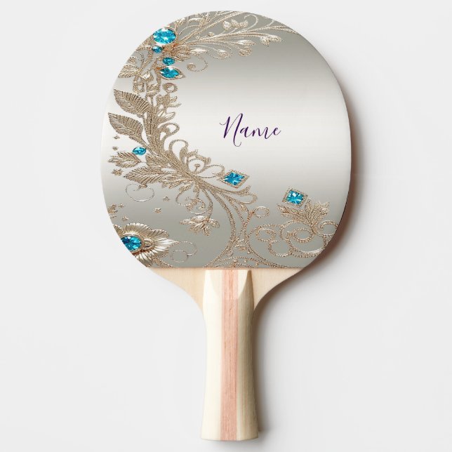 Embellishing Gold Blue Stones Ping Pong Paddle (Front)
