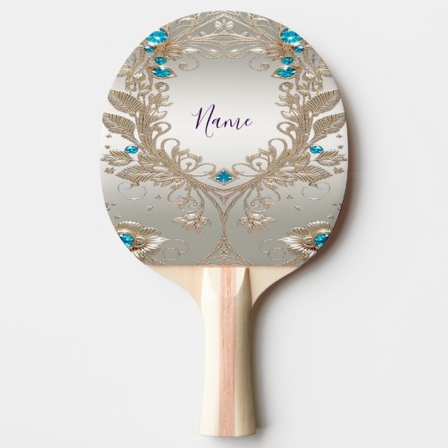 Embellishing Gold Blue Stones Ping Pong Paddle (Front)