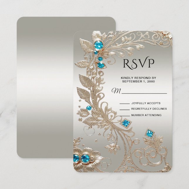 Embellishing Gold Blue Stones RSVP Card (Front/Back)