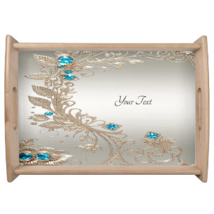 Embellishing Gold Blue Stones Serving Tray