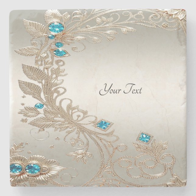 Embellishing Gold Blue Stones Stone Coaster (Front)