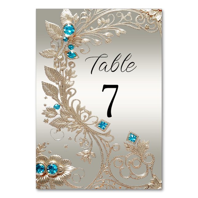 Embellishing Gold Blue Stones Table Number (Front)