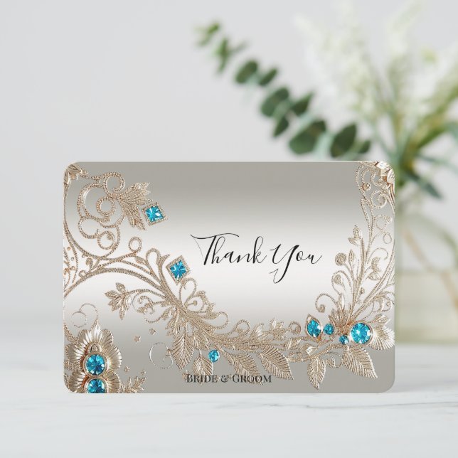 Embellishing Gold Blue Stones Thank You Card (Standing Front)