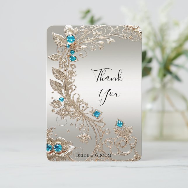 Embellishing Gold Blue Stones Thank You Card (Standing Front)