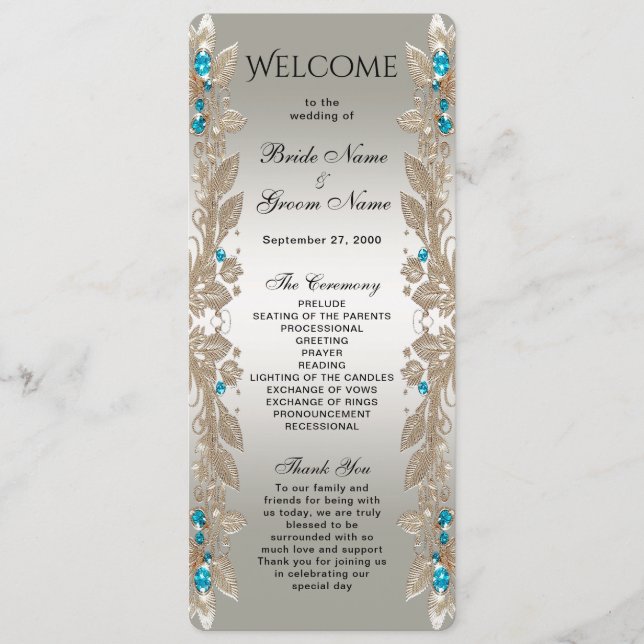Embellishing Gold Blue Stones Wedding Program (Front)