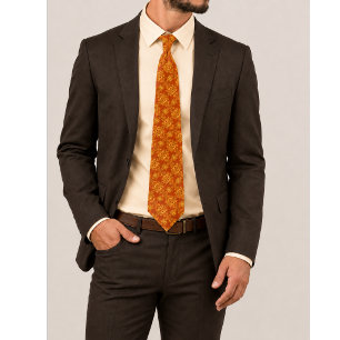 Emberielle Burnt Orange and Gold Ornamental Floral Neck Tie
