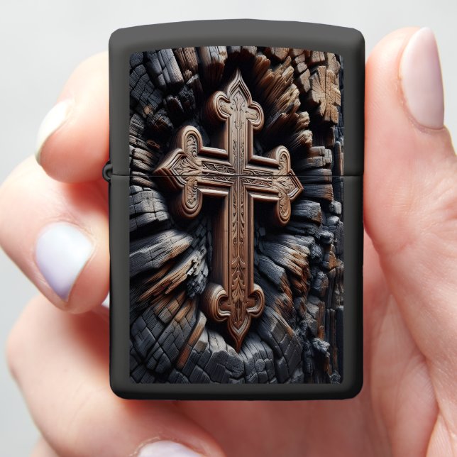 Embers of Grace: Carved Cross on Burnt Wood Zippo Lighter (In Hand)