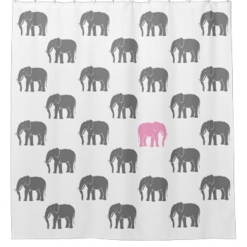 Emblematic Pink Elephant Among Grey Ones On White Shower Curtain by EleSil at Zazzle