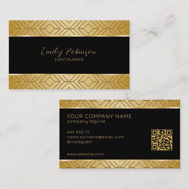 Embosed gold geometric pattern black background business card (Front/Back)