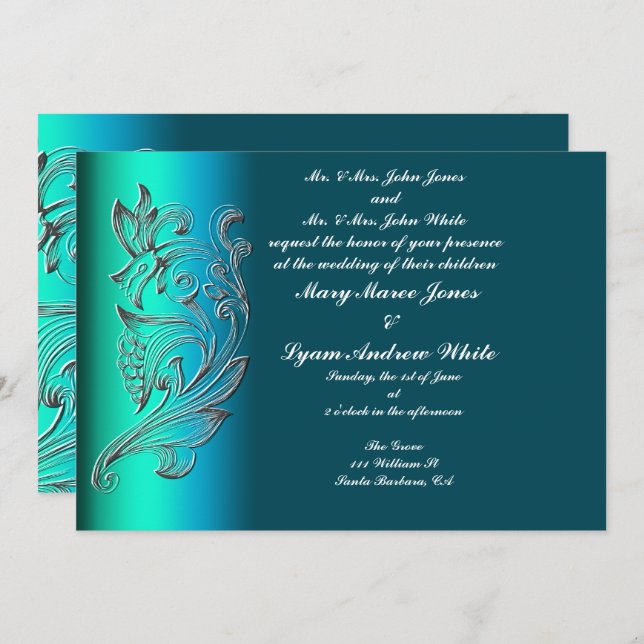 Embossed  Aqua Classic Wedding invitation (Front/Back)