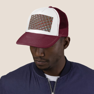 Embossed Ash Gray Maroon Checkered: A Modern Art Trucker Hat